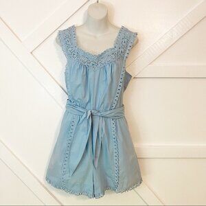 La Vie Eyelet Ruffle Short Tie Romper Blue Sz S